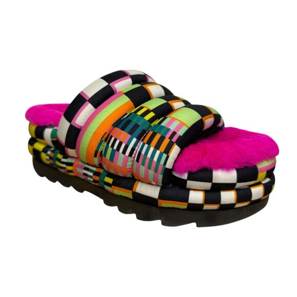 UGG Women’s 7 Maxi Checks Platform Slide Sandals Sheepskin Colorful Pink Fur - Picture 1 of 7